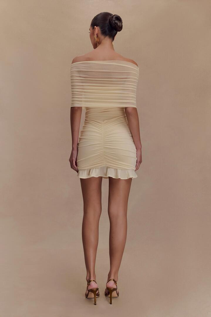 Caspian Slinky And Mesh Off Shoulder Mini Dress - Ivory