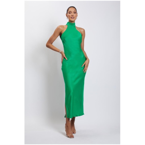 Claire Satin Drape Back Maxi Dress with Split - Green