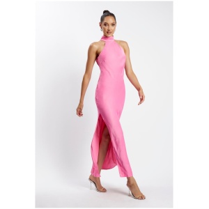 Claire Satin Drape Back Maxi Dress with Split - Pink