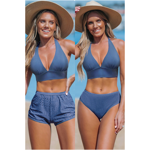 Cupshe Blue Halter Bikini Set & Swim Shorts - Blue,L