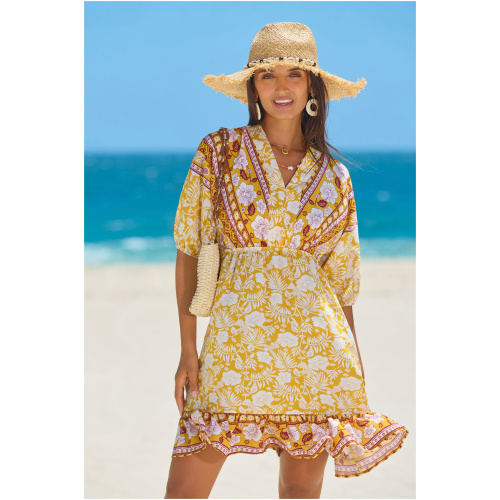 Cupshe Canary Floral V-Neck Mini Dress - Yellow,L