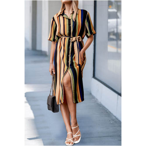 Cupshe Multi-Colored Irregular Stripe Collared Front Button Midi Dress - L