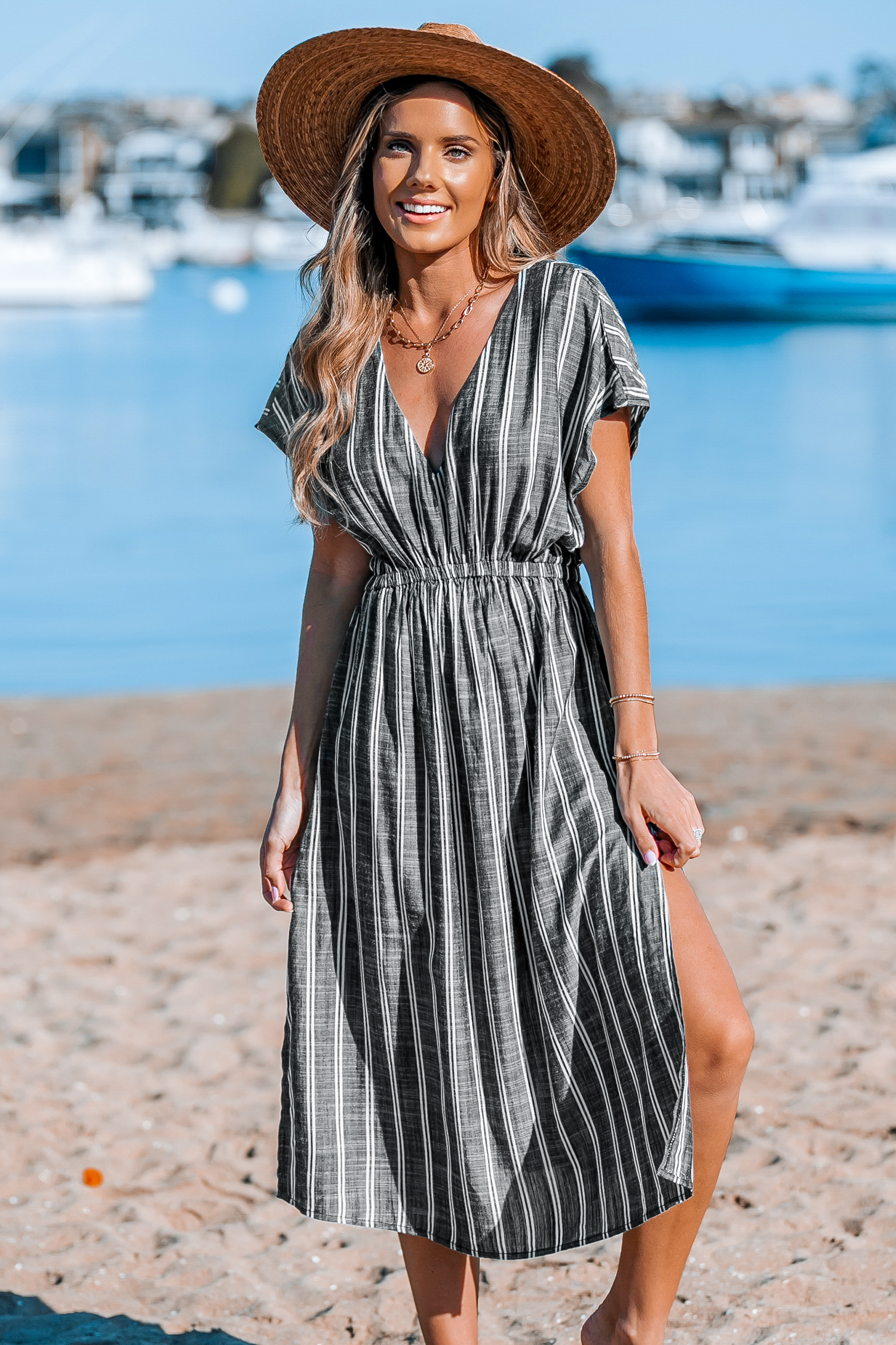 Cupshe Striped Shoreline Cover-Up Dress - Black,L