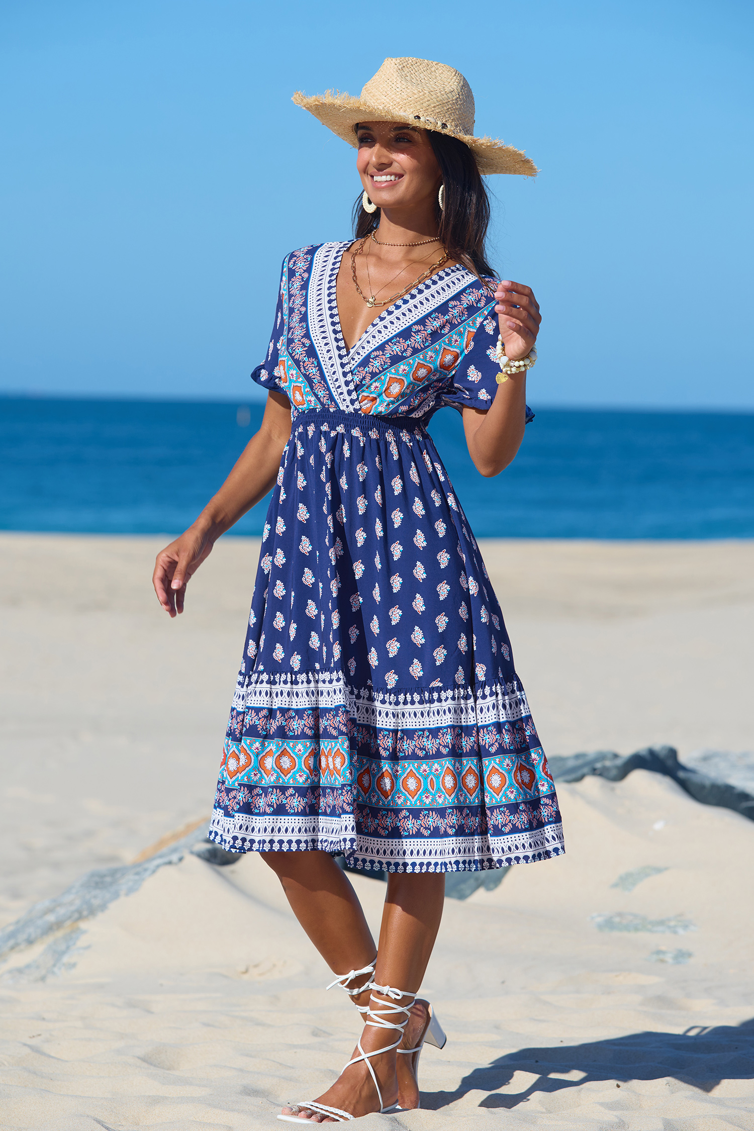 Cupshe Sunlit Shores Ornate Midi Dress - Navy,L