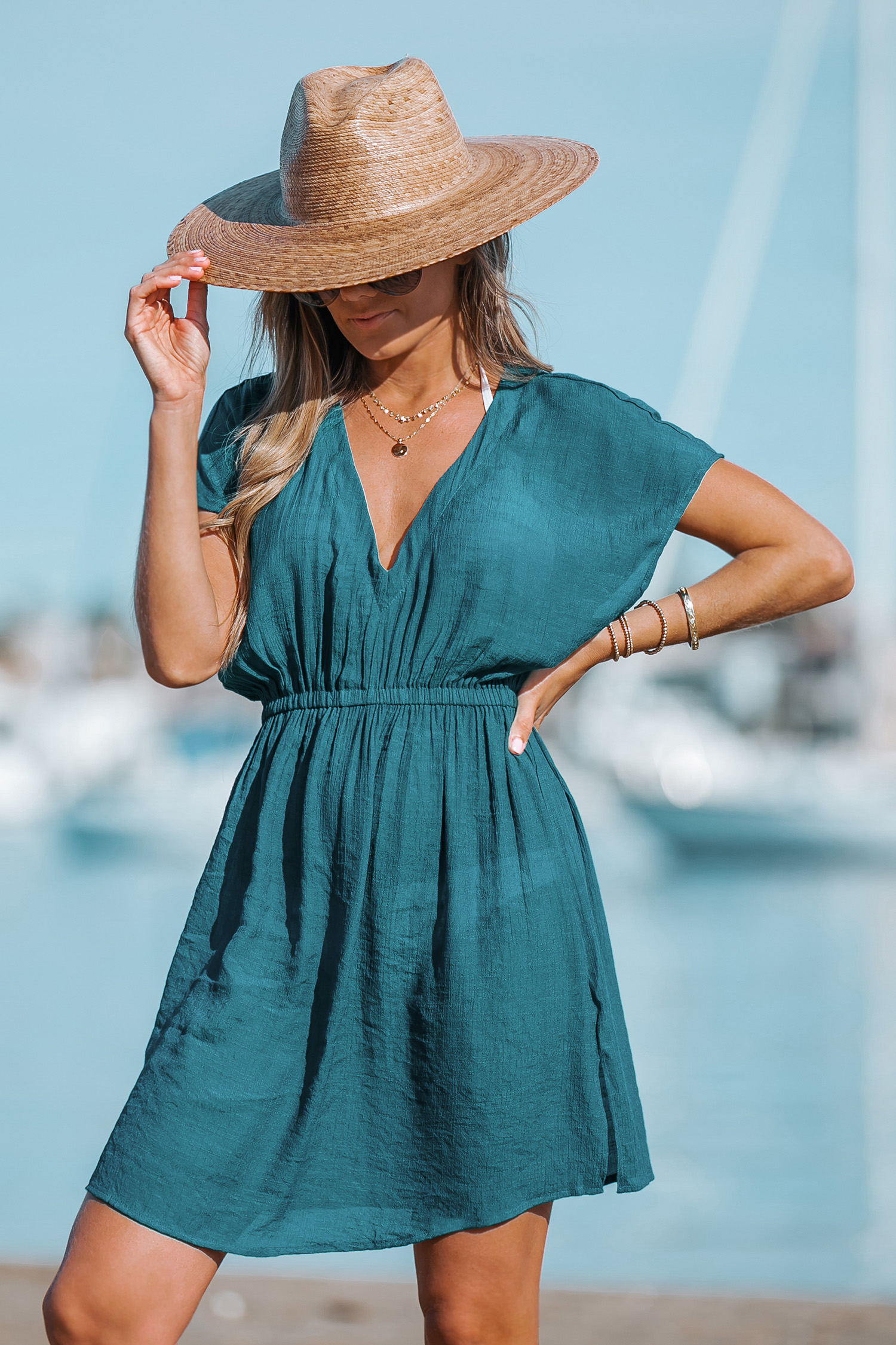 Cupshe V-Neck Cover-Up Dress - Turquoise,L