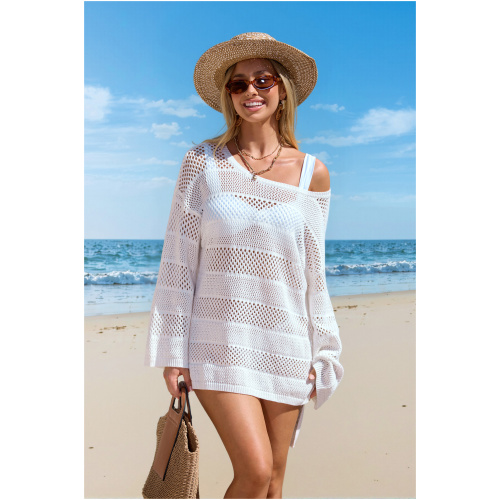 Cupshe White Crochet Long Sleeve Cover-Up Mini Dress - White,L