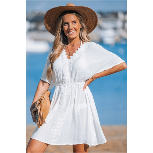 Cupshe White Lace Trim Cover-Up Mini Dress - White,L