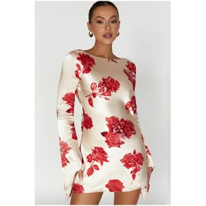 Davina Satin Long Sleeve Mini Dress - Rose Print