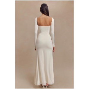 Desirie Slinky Long Sleeve Maxi Dress With Split - Ivory