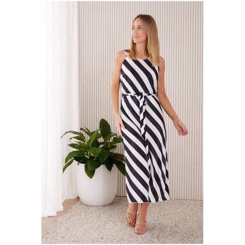 Divia Pleated Satin Dress - Black/White Stripe - 10