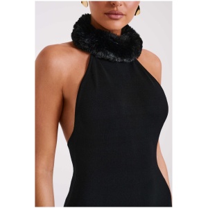 Elva Halter Knit Maxi Dress With Faux Fur - Black