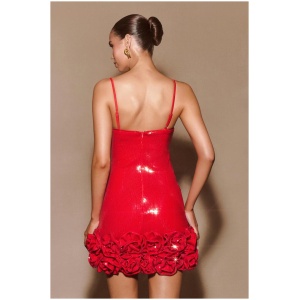 Faye Sequin Flower Mini Dress - Ruby