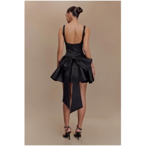 Felicia Satin Mini Dress With Bow - Black