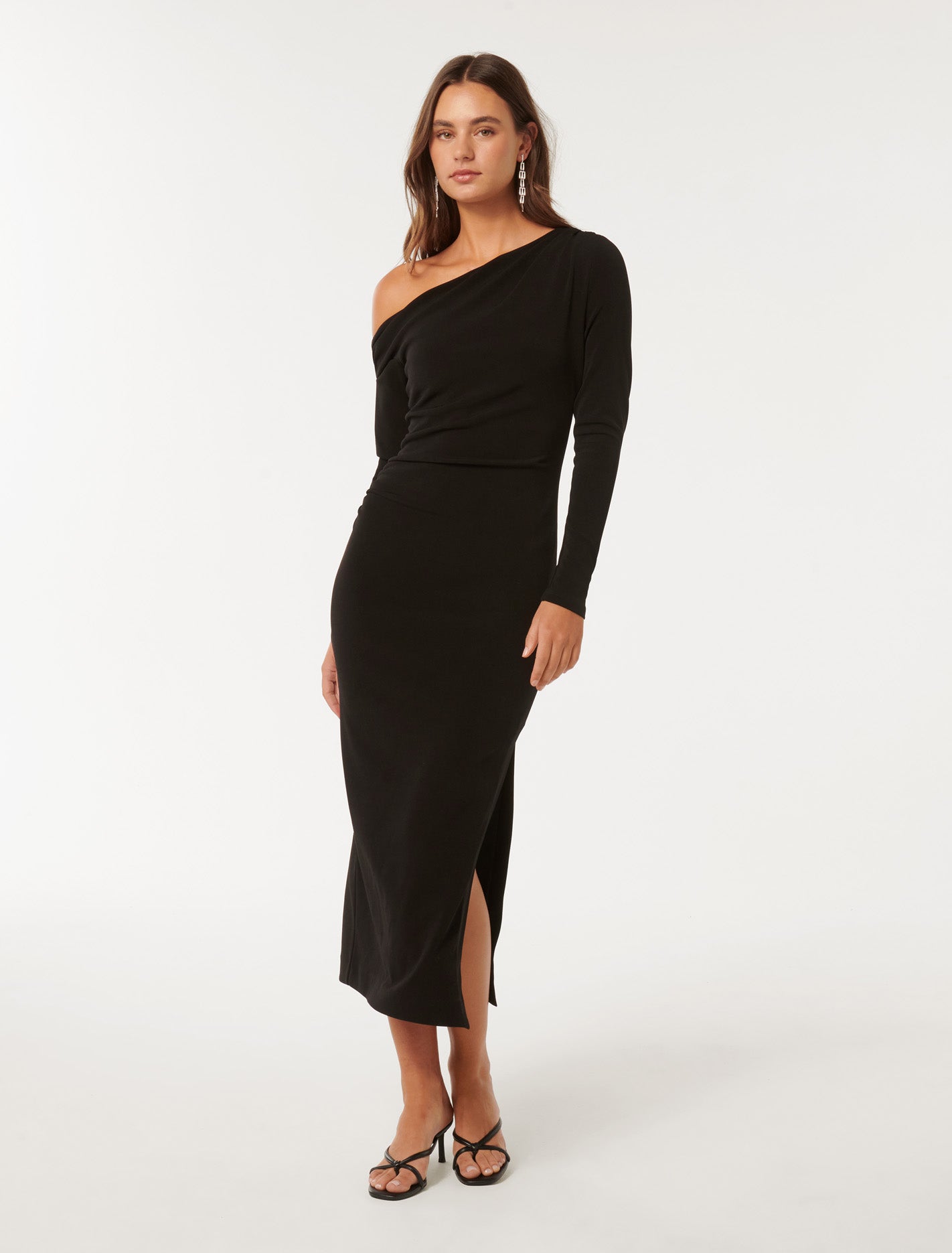 Forever New Women's Alex Tipped Shoulder Long Sleeve Midi Dress in Black