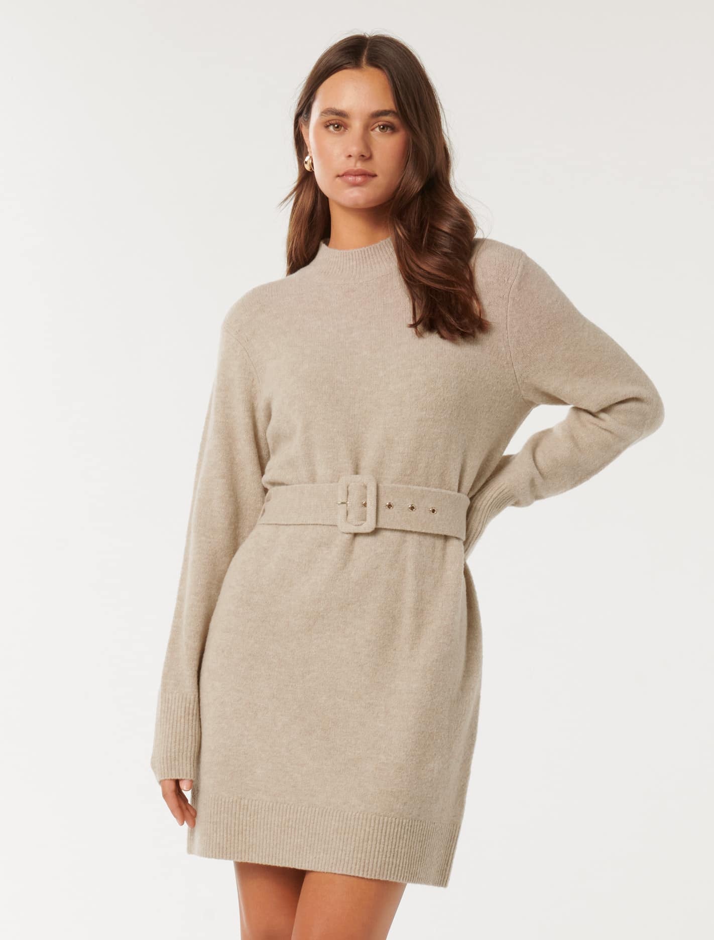 Forever New Women's Astrid Belted Knit Mini Dress in Oat