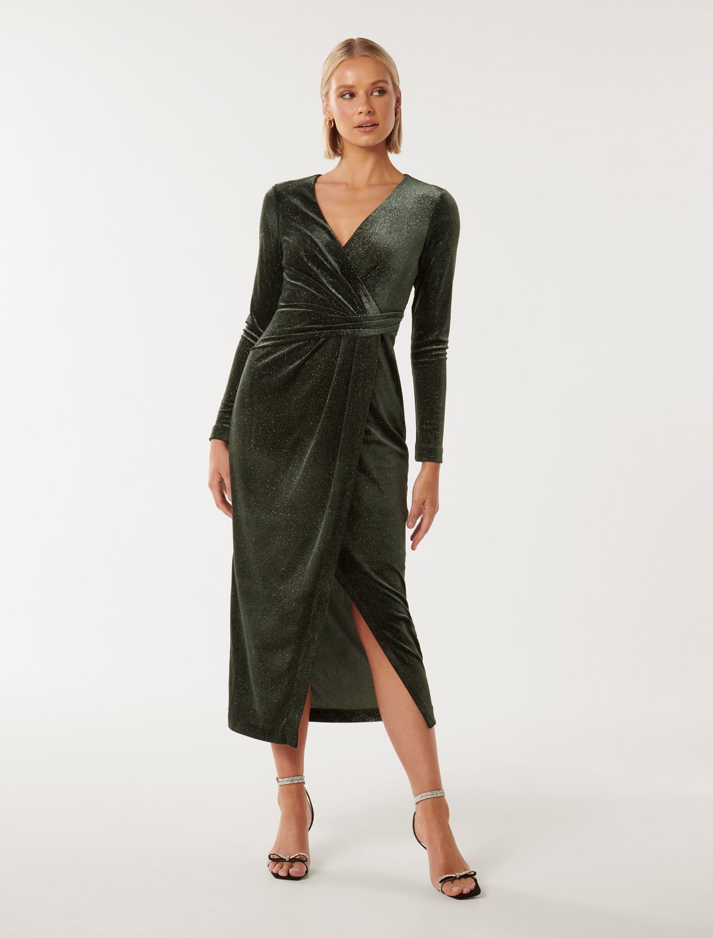 Forever New Women's Ava Wrap Glitter Velvet Midi Dress in Green