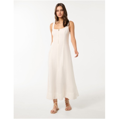 Forever New Women's Bronte Linen Zip Detail Midi Dress in Porcelain