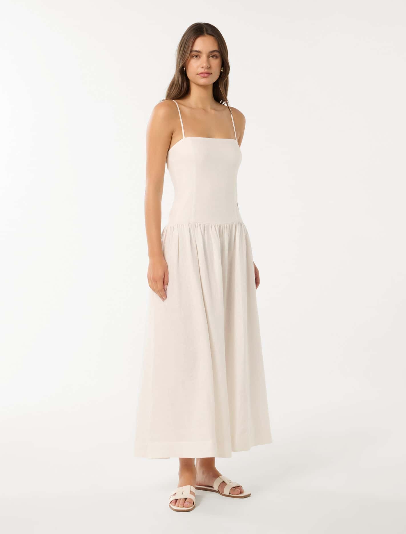 Forever New Women's Brooke Linen Drop Waist Midi Dress in Porcelain