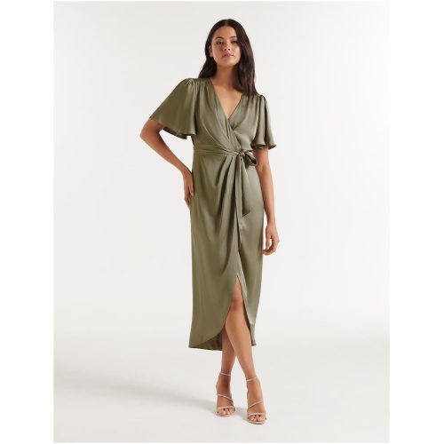 Forever New Women's Carolina Satin Flutter-Sleeve Midi Dress in Sage