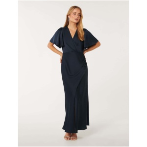 Forever New Women's Chelsea Flutter Sleeve Satin Maxi Dress in Navy