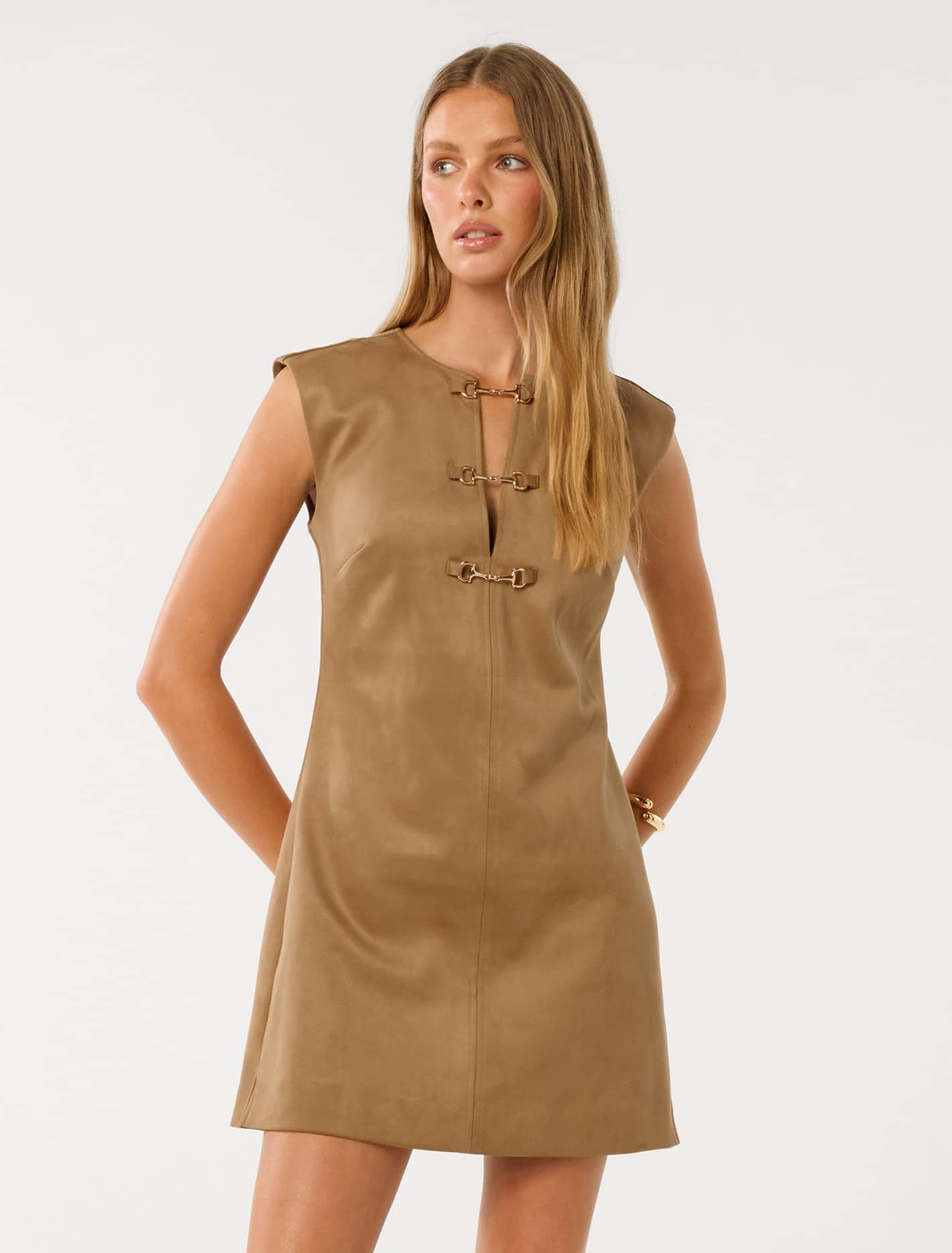 Forever New Women's Clover Snaffle Detail Mini Suede Dress in Brown