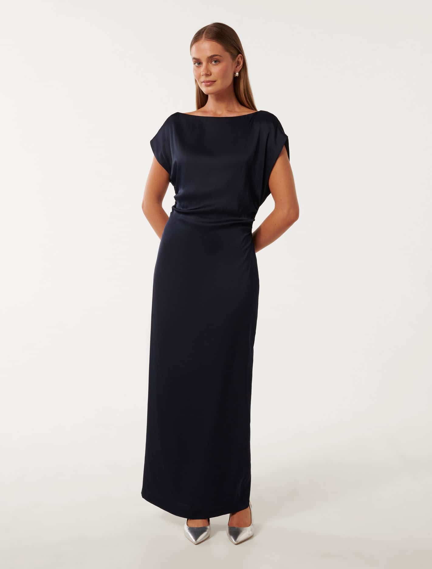 Forever New Women's Ella Draped Satin Midi Dress in Navy