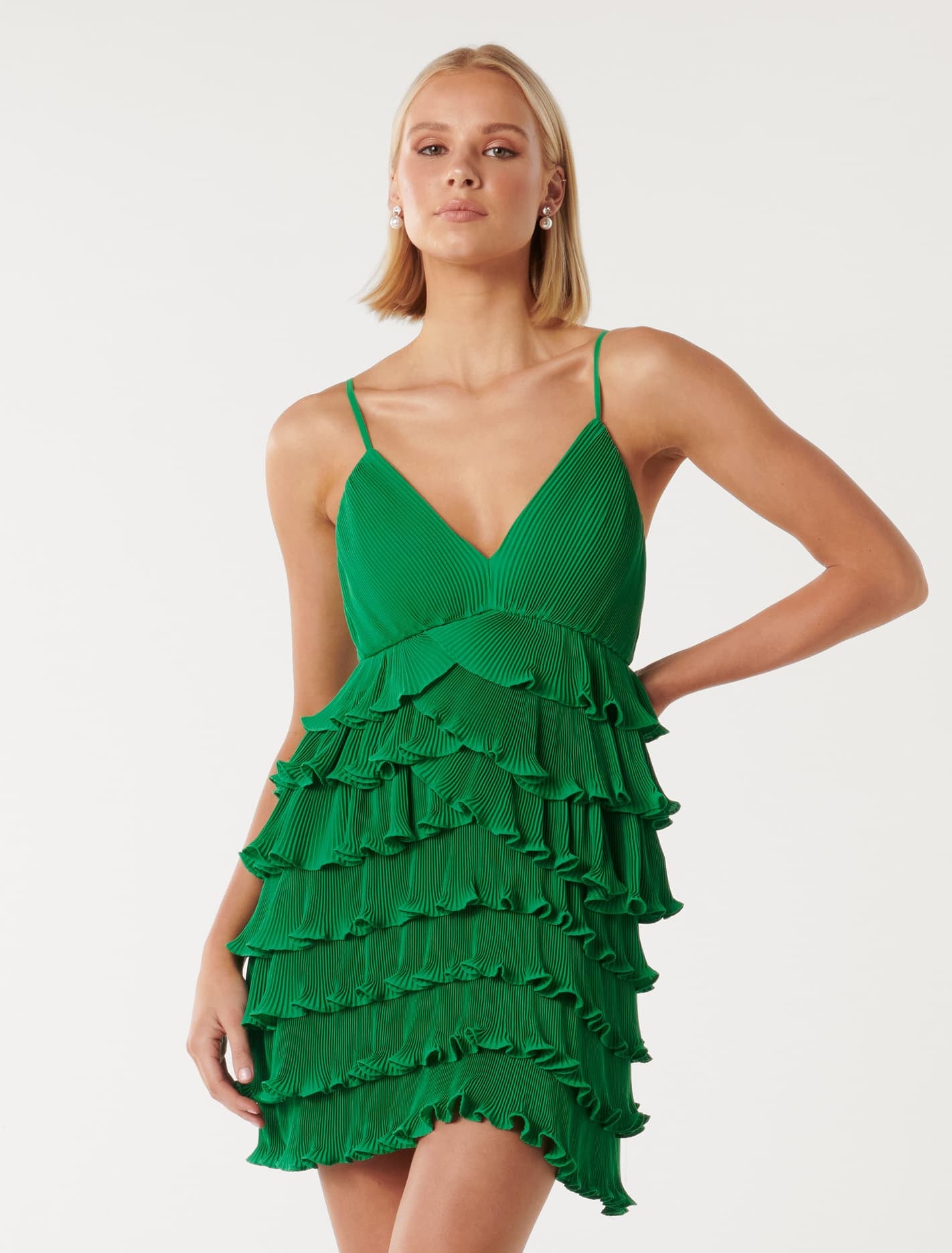 Forever New Women's Frankie Ruffle Pleated Mini Dress in Green