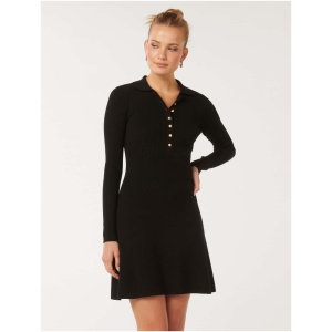 Forever New Women's Joanna Half Placket Ribbed Mini Dress in Black