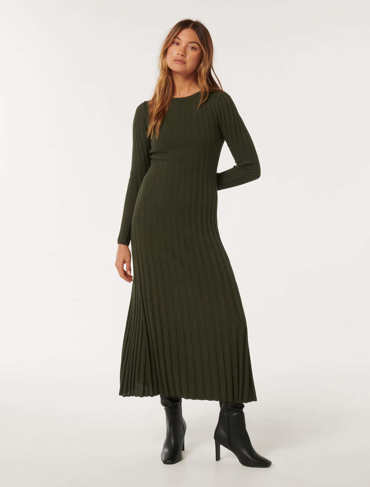 Forever New Women's Lyla Crew Neck Detail Knit Dress in Olive