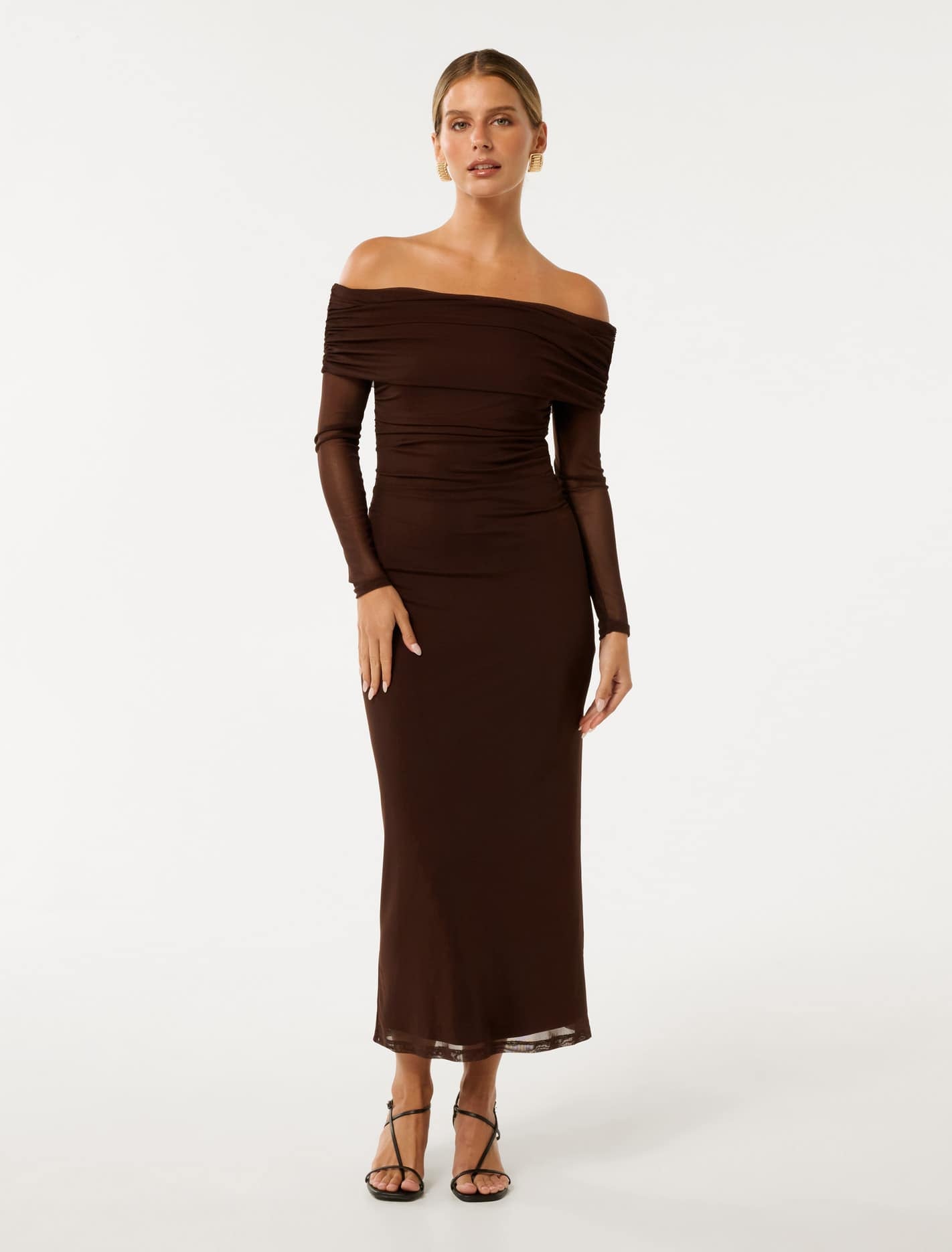 Forever New Women's Minnie Petite Bardot Midi Dress in Chocolate