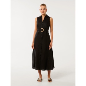 Forever New Women's Pippa Collared Button Front Linen Midi Dress in Black