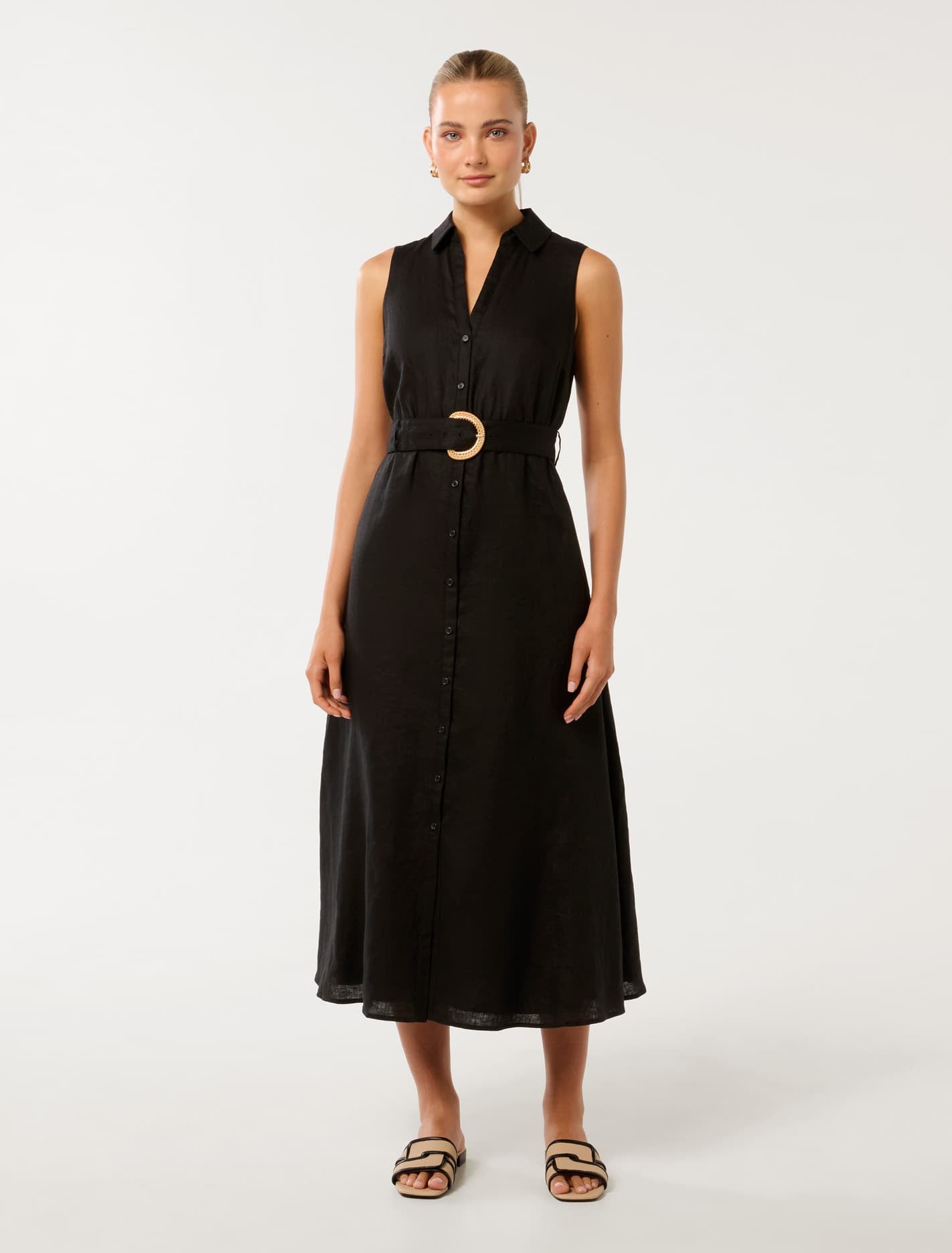 Forever New Women's Pippa Collared Button Front Linen Midi Dress in Black