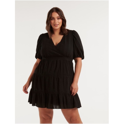 Forever New Women's Riley Curve Plus Size Textured Tiered Mini Dress in Black