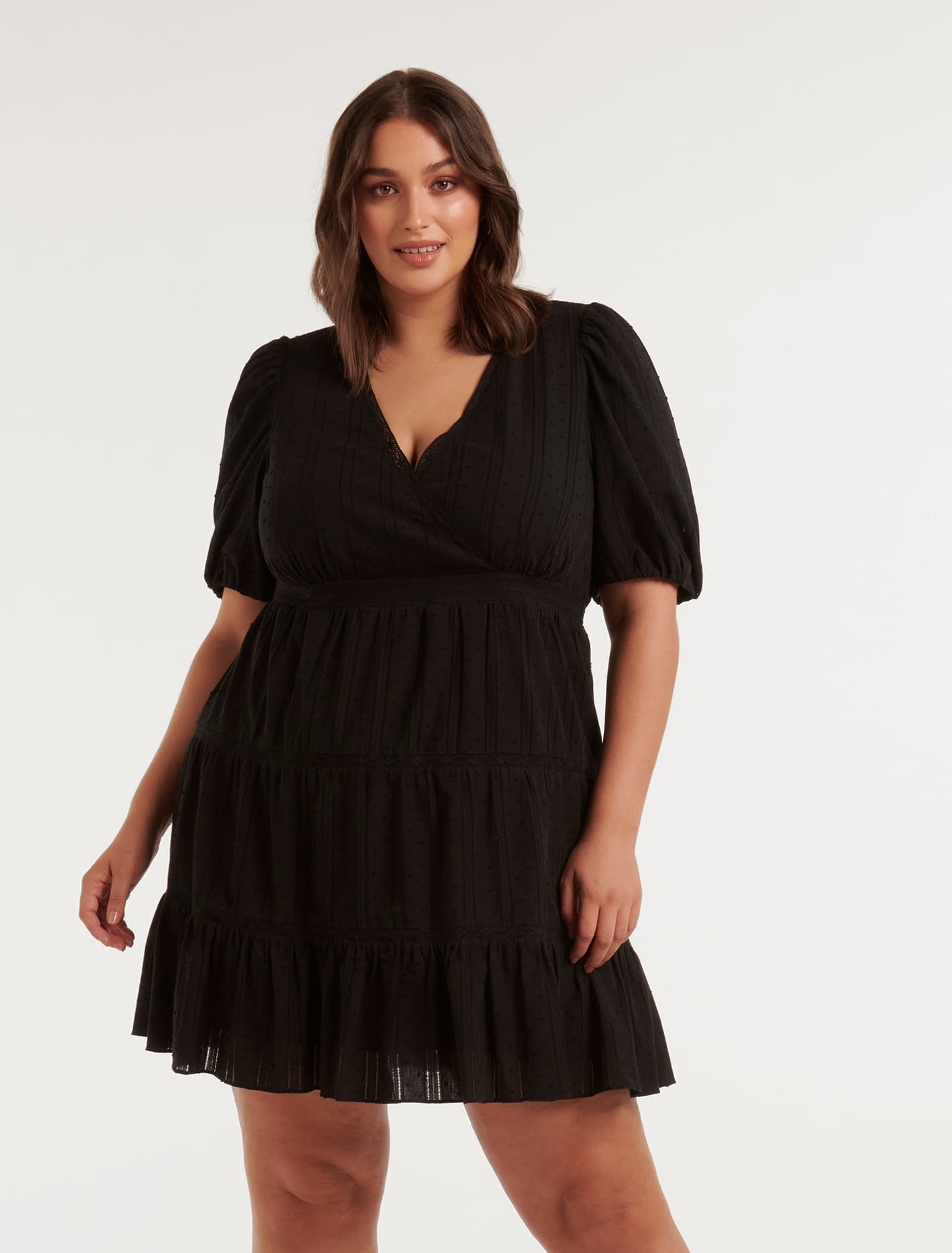 Forever New Women's Riley Curve Plus Size Textured Tiered Mini Dress in Black