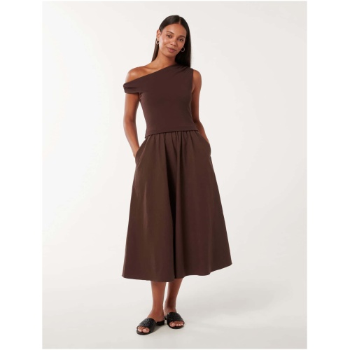 Forever New Women's Steph Tipped Mixed Fabric Midi Dress in Chocolate