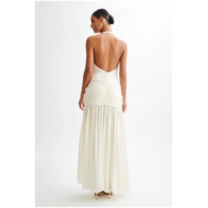 Graziana Satin Chiffon Plunge Maxi Dress - Ivory