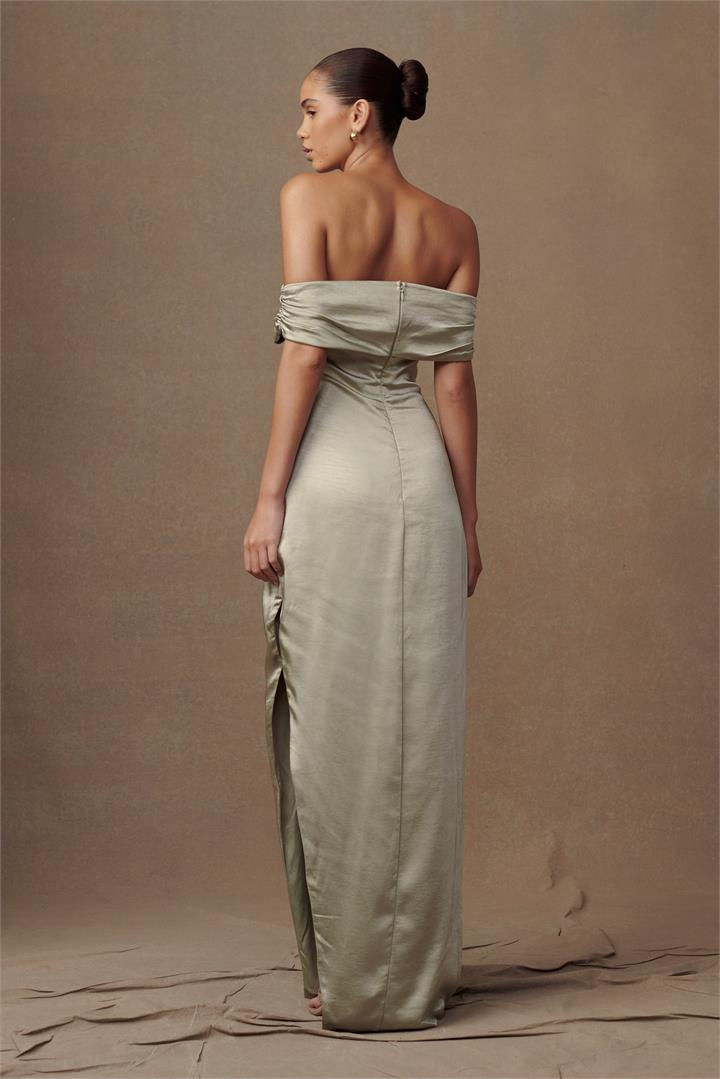 Harley Off Shoulder Satin Maxi Dress - Sage