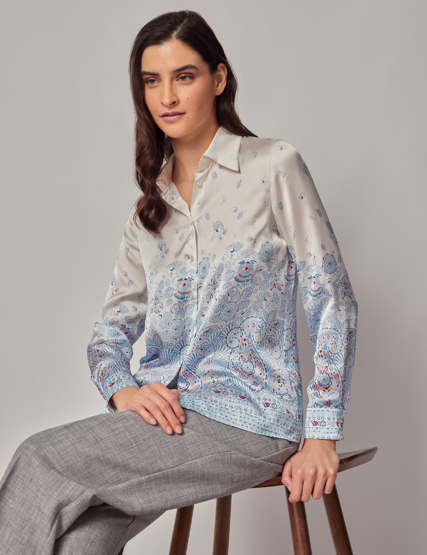 Hawes & Curtis Cream & Blue Paisley Boutique Satin Blouse