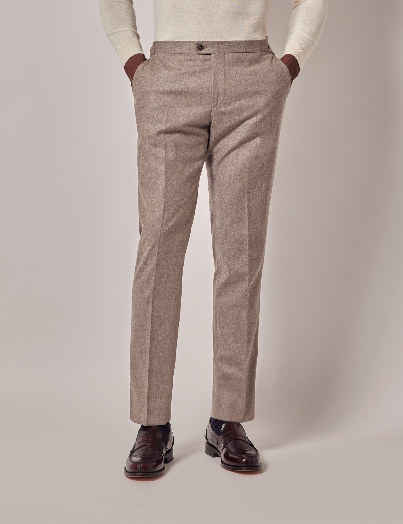 Hawes & Curtis Taupe Italian Flannel Wool Slim Fit Suit Trousers With Side Adjusters - 1913 Collection