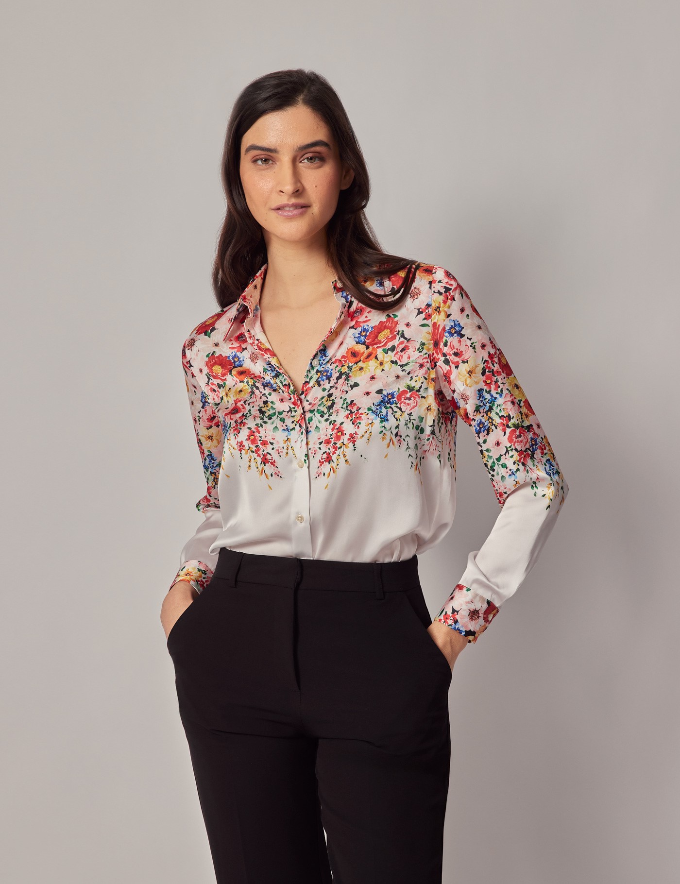 Hawes & Curtis White & Red Floral Boutique Satin Blouse