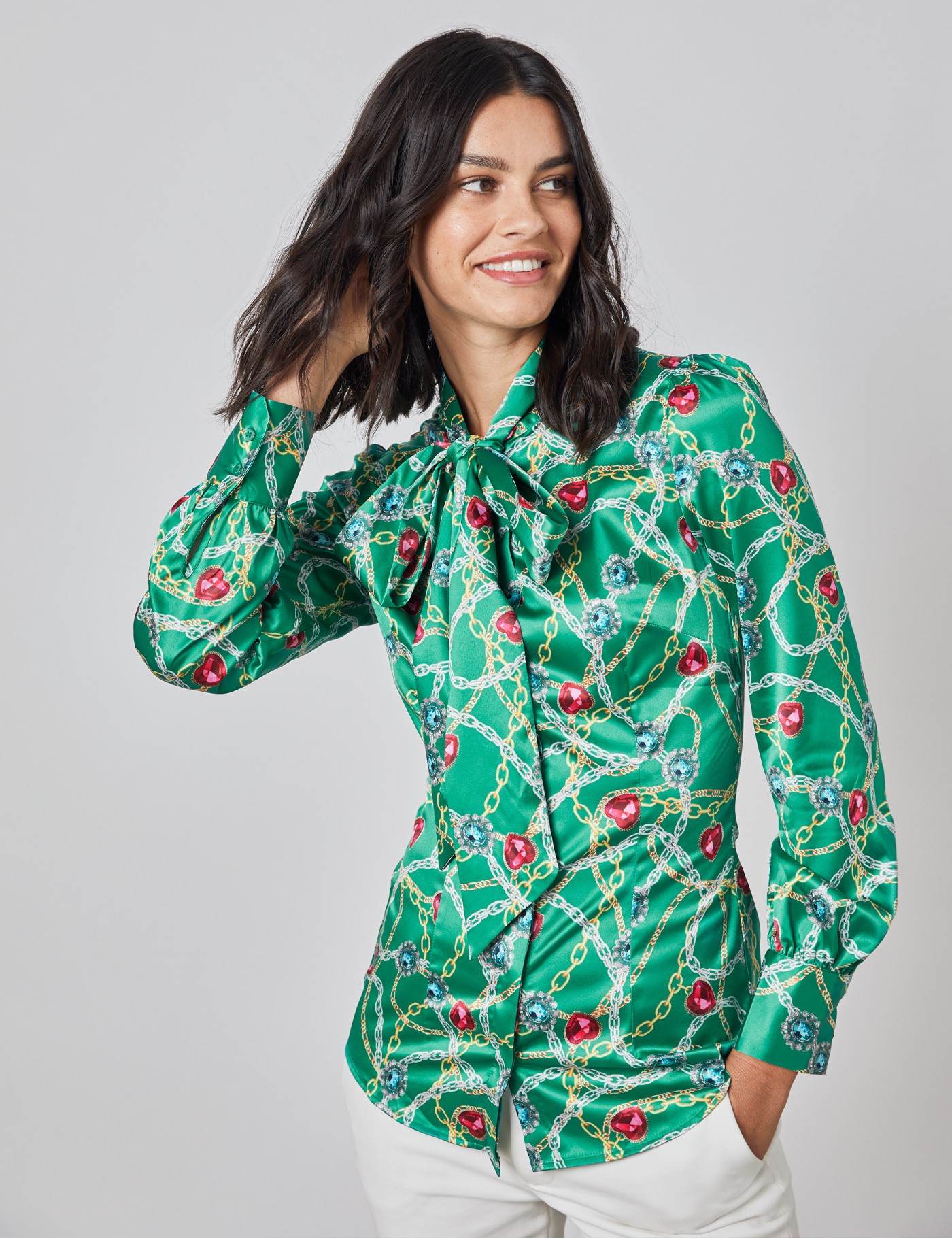 Hawes & Curtis Women's Green & Gold Print Fitted Satin Blouse - Single Cuff - Pussy Bow