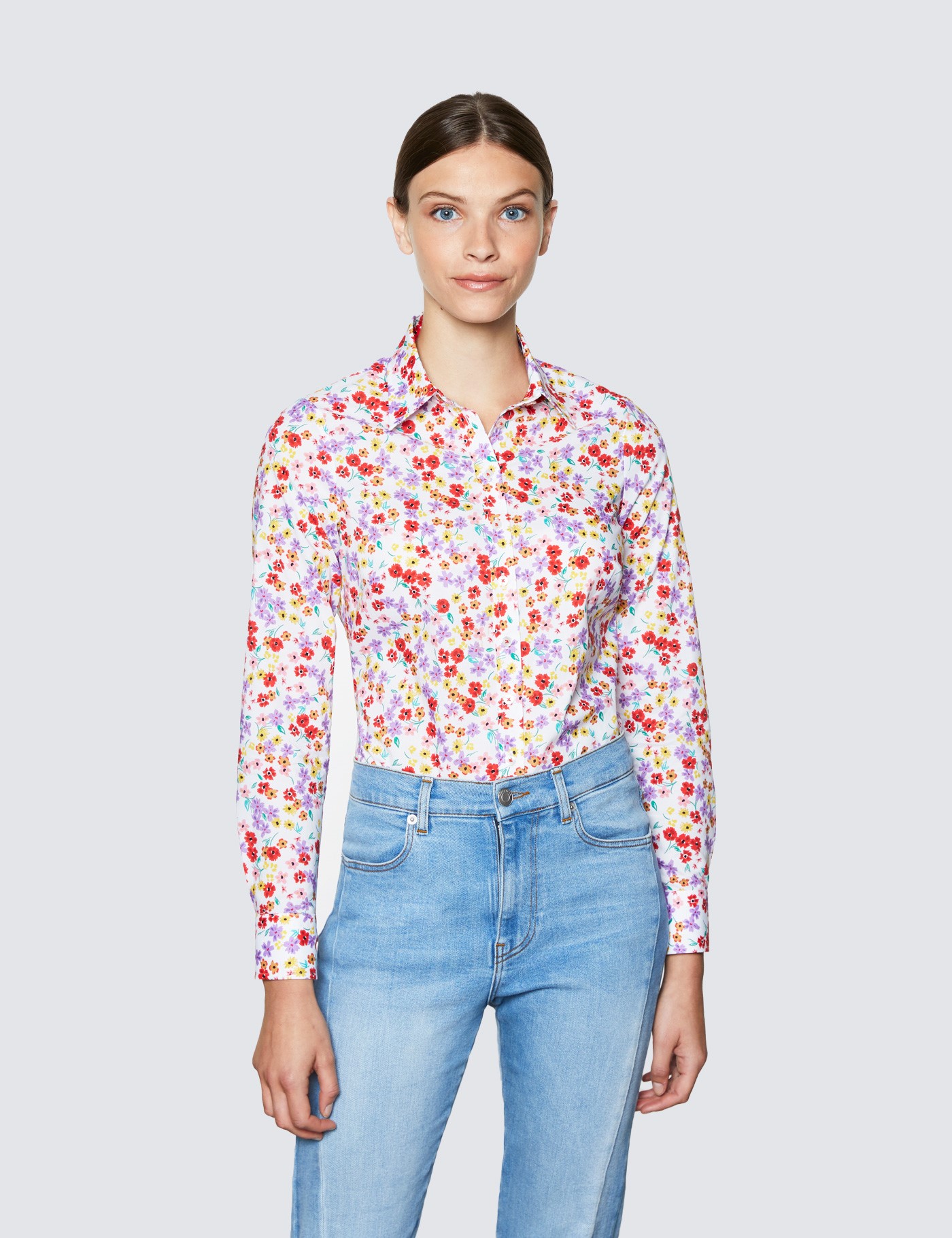 Hawes & Curtis Women's White & Red Summer Floral Print Semi Fitted Shirt White/Red Cotton