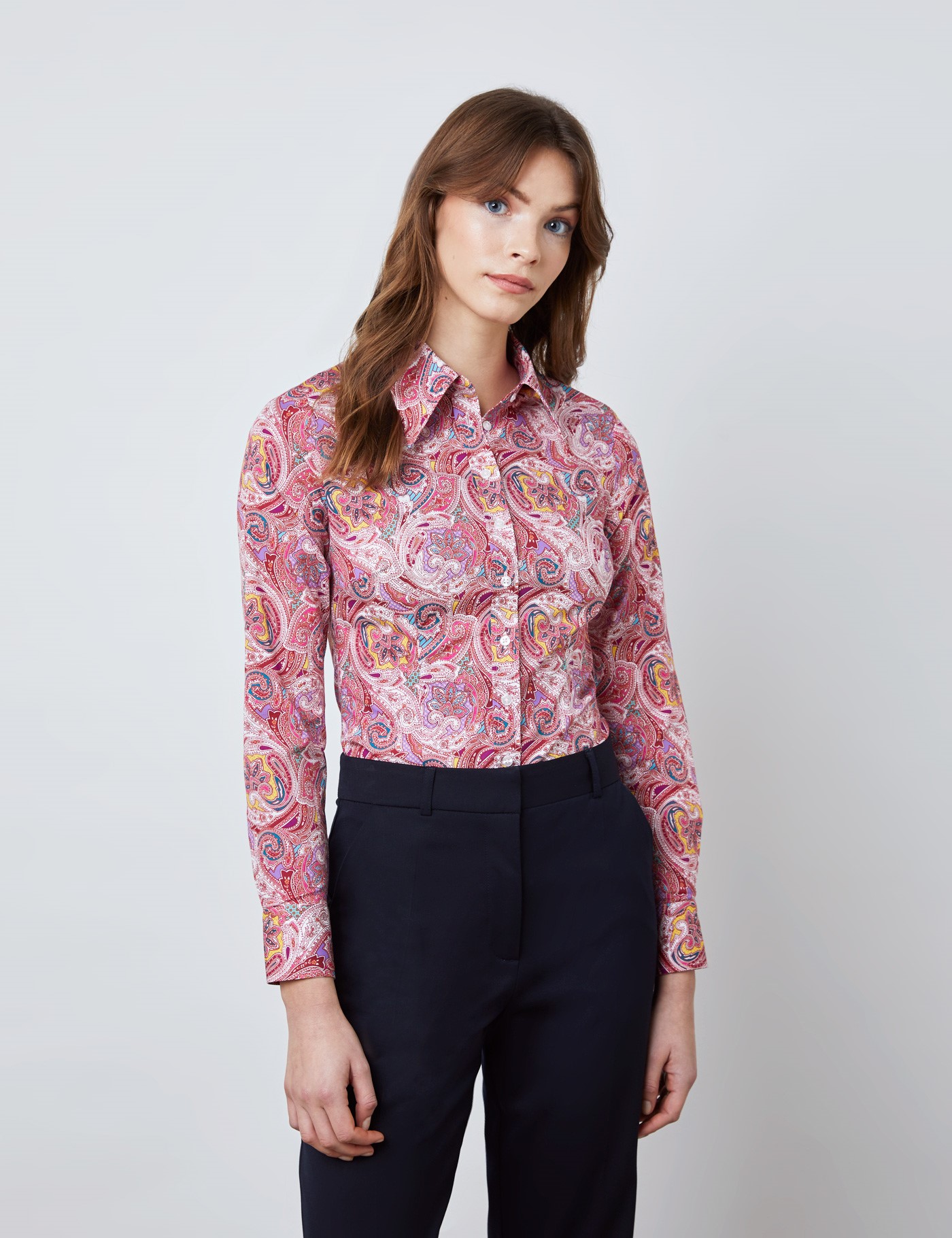 Hawes & Curtis Women's Wine & Pink Paisley Print Fitted Shirt with Vintage Collar - Single Cuff