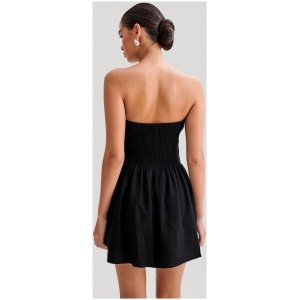 Holland Linen Shirring Mini Dress - Black