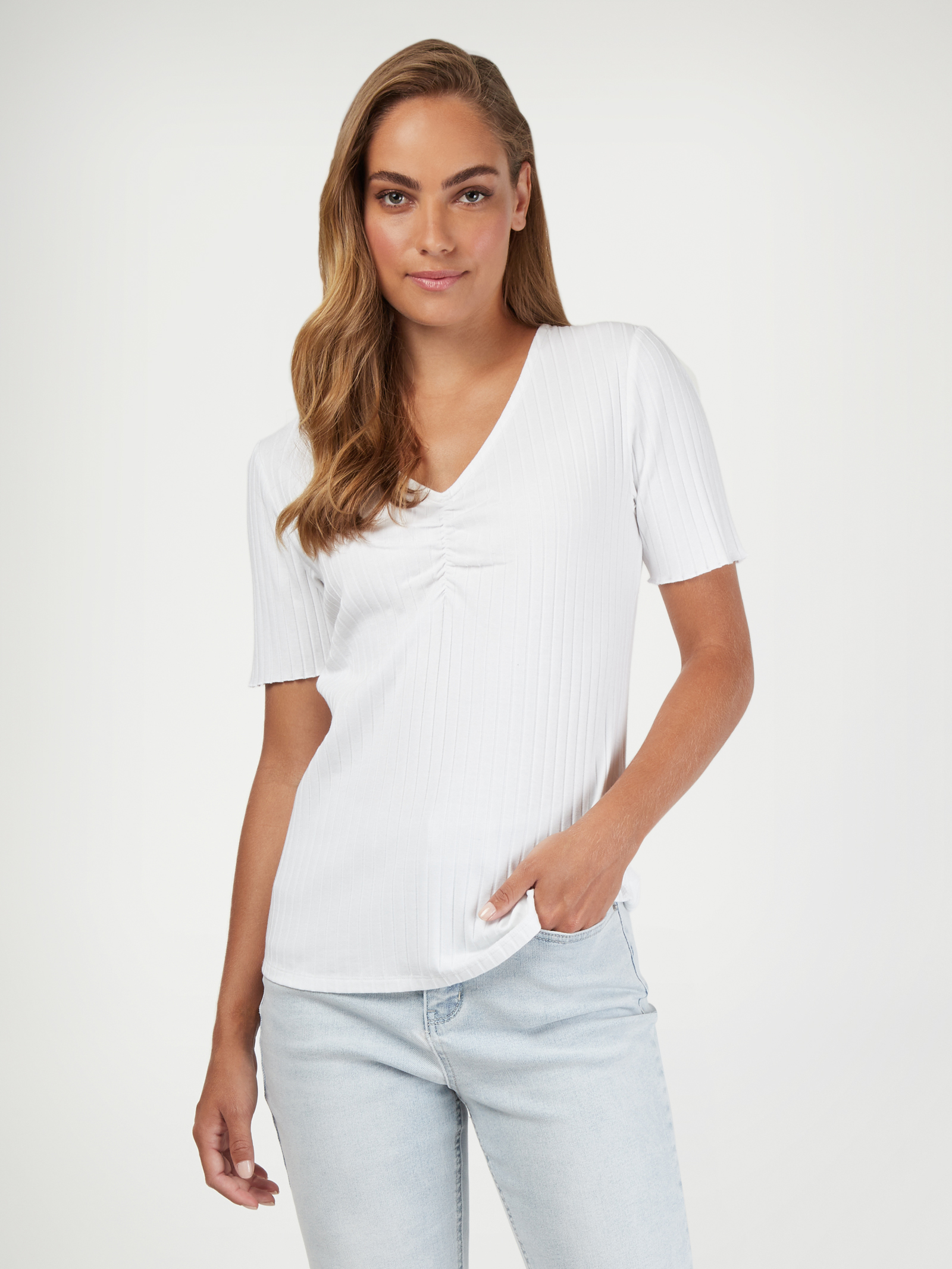 Ivy Rib Shirred Tee White