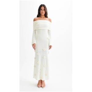 Kiki Off Shoulder Knit Rose Maxi Dress - Ivory