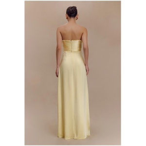 Larissa Satin Maxi Dress With Ruched Petals - Lemon