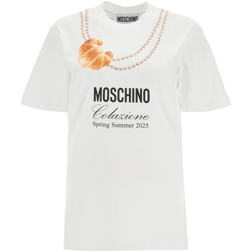 MOSCHINO white cotton t-shirt with croissant and pearls print