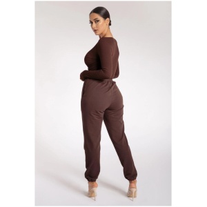 Malene V-Neck Ribbed Long Sleeve Bodysuit - Chocolate