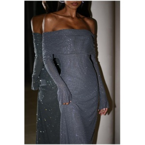 Marcel Off Shoulder Diamante Maxi Dress - Gunmetal